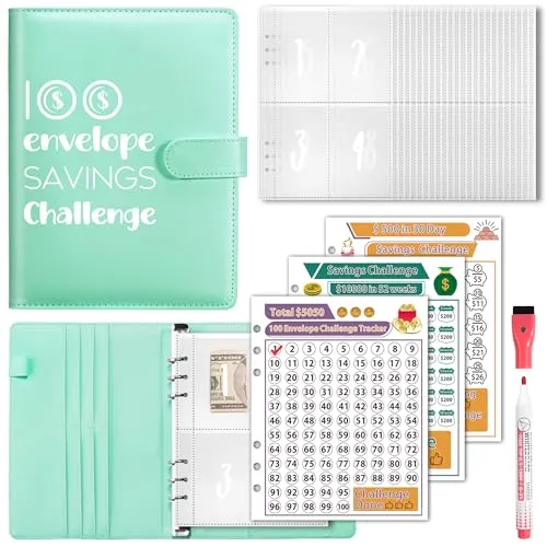 100 Envelopes Money Saving Challenge, A5 Savings Challenges Book Budget Binder with Cash Envelopes Erasable Tracker, Easy and Fun Way to Save $500 $5050 $10000 (BGreen)