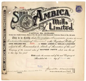 1941 Vintage SHRI AMBICA MILLS LTD. Indian-British Stock Certificate, Ambika Deity