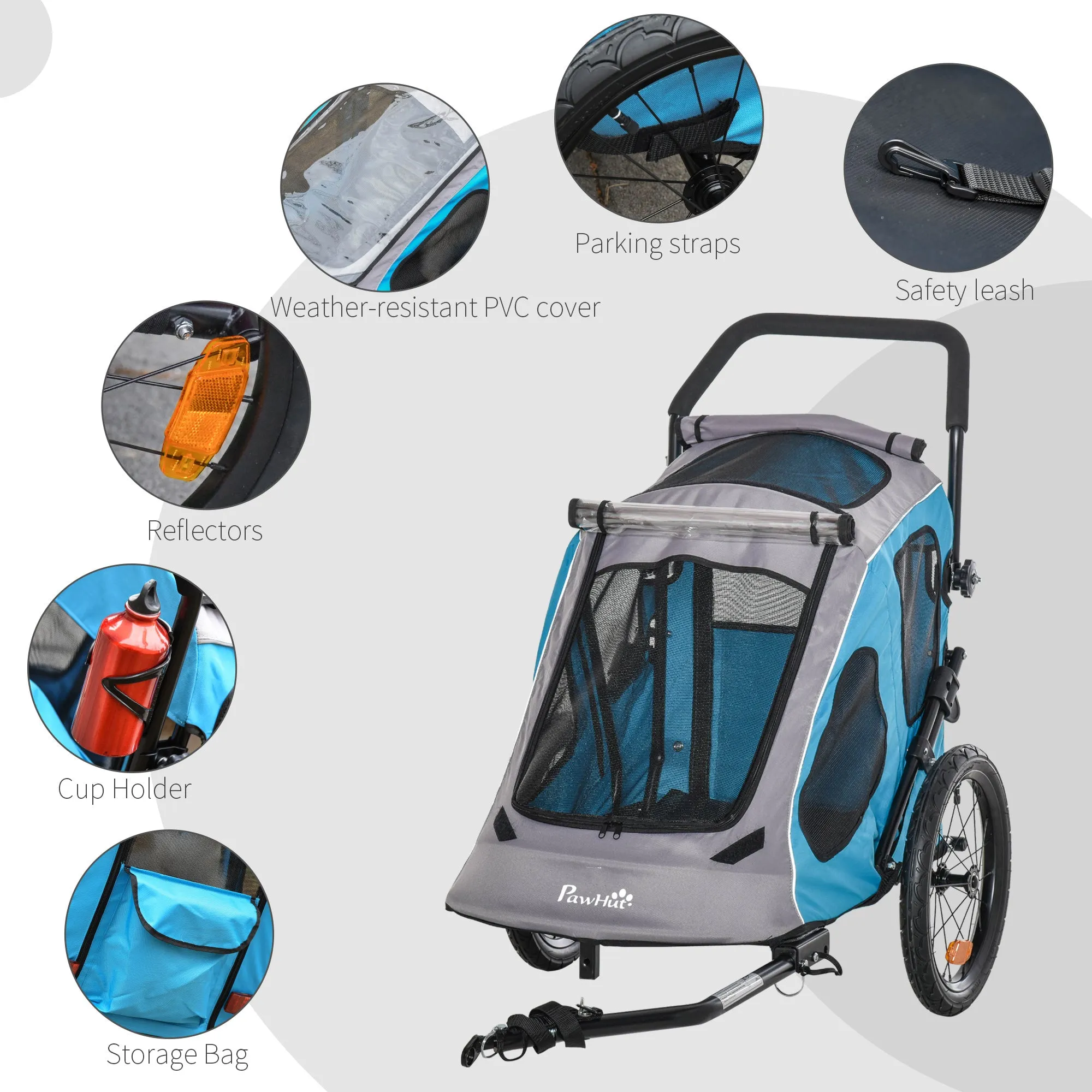 2 IN 1 Dog Bike Trailer Pet Carrier Stroller 360√Ç¬¨√Ç¬®√Ç¬¨√¢¬à¬û Rotatable Front Wheel Reflectors Parking Straps Hitch Coupler Cup Holder Water Resistant Blue