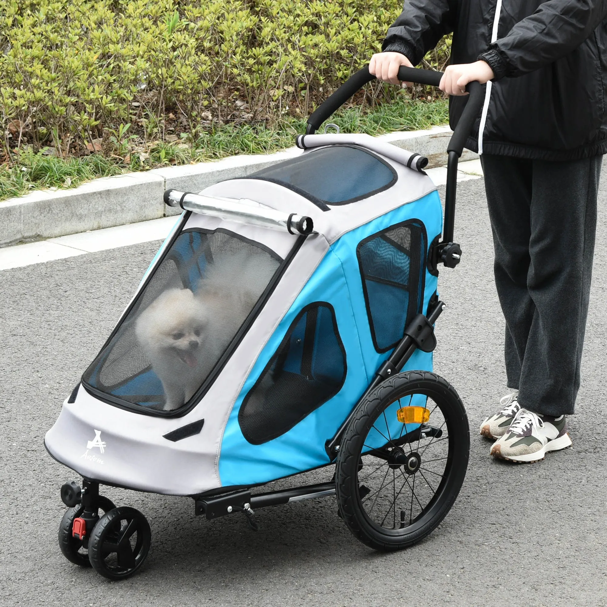 2 IN 1 Dog Bike Trailer Pet Carrier Stroller 360√Ç¬¨√Ç¬®√Ç¬¨√¢¬à¬û Rotatable Front Wheel Reflectors Parking Straps Hitch Coupler Cup Holder Water Resistant Blue