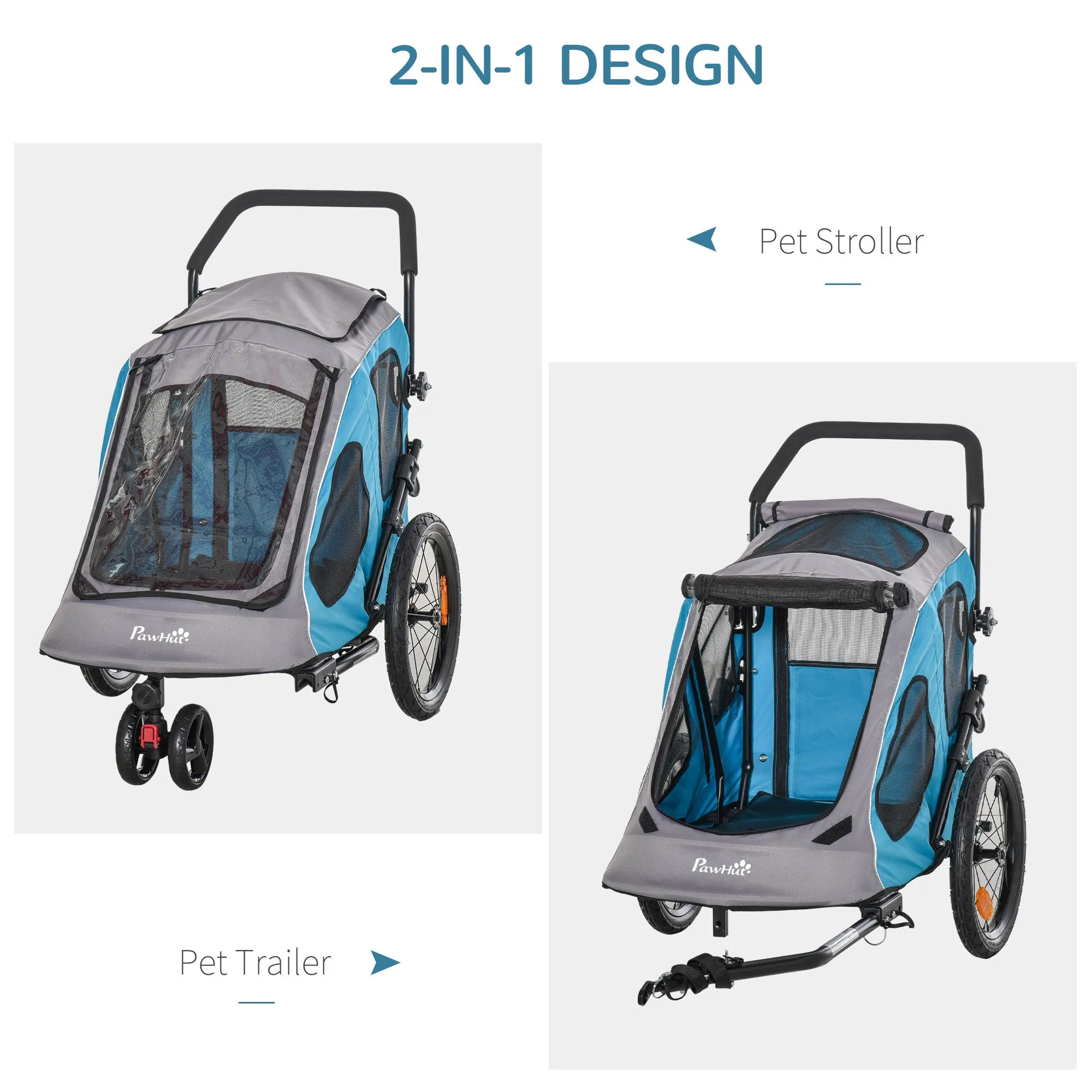 2 IN 1 Dog Bike Trailer Pet Carrier Stroller 360√Ç¬¨√Ç¬®√Ç¬¨√¢¬à¬û Rotatable Front Wheel Reflectors Parking Straps Hitch Coupler Cup Holder Water Resistant Blue