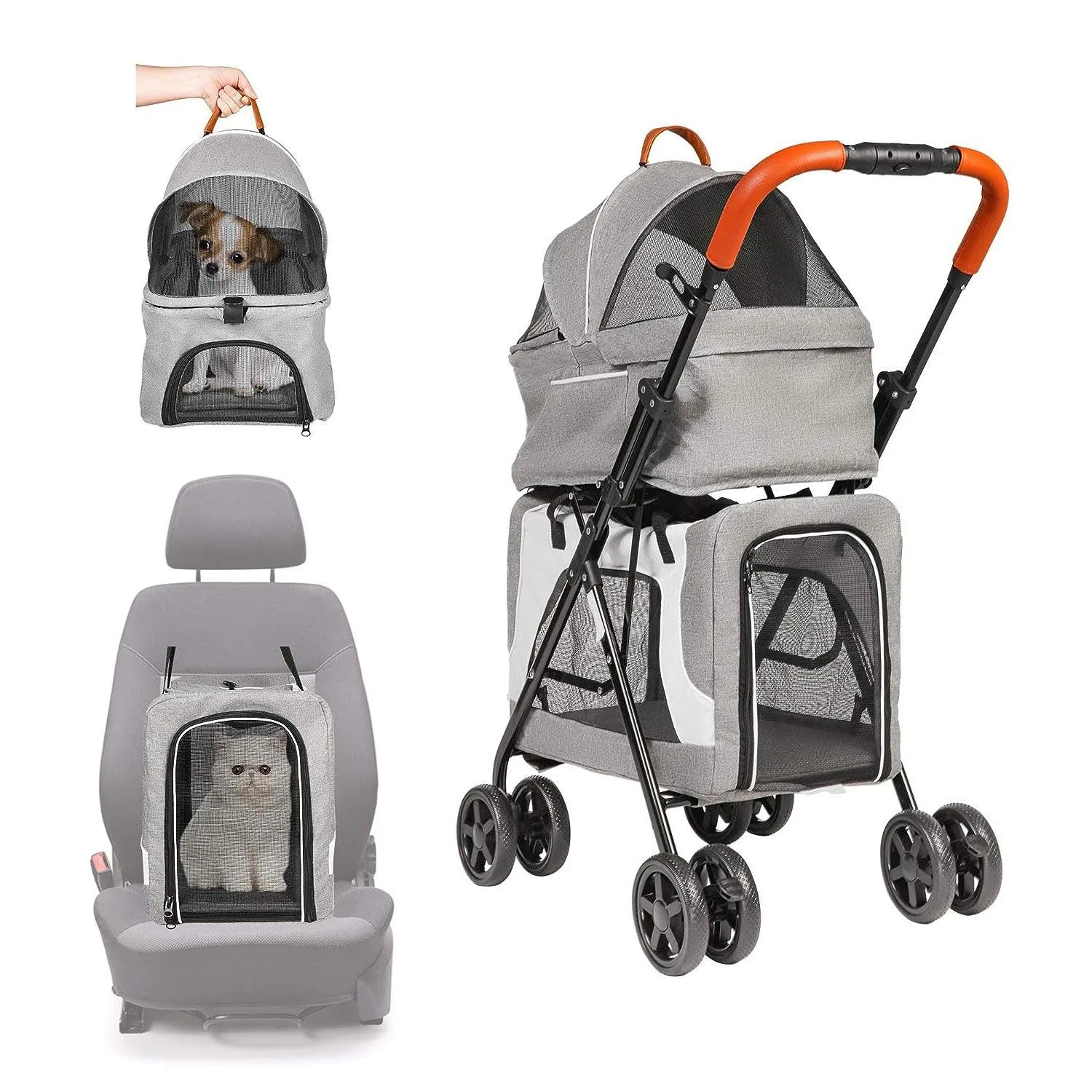 3 in 1 Double Seater Dog Stroller Pet Carrier with Detachable Carrier Dual Entry, Gray