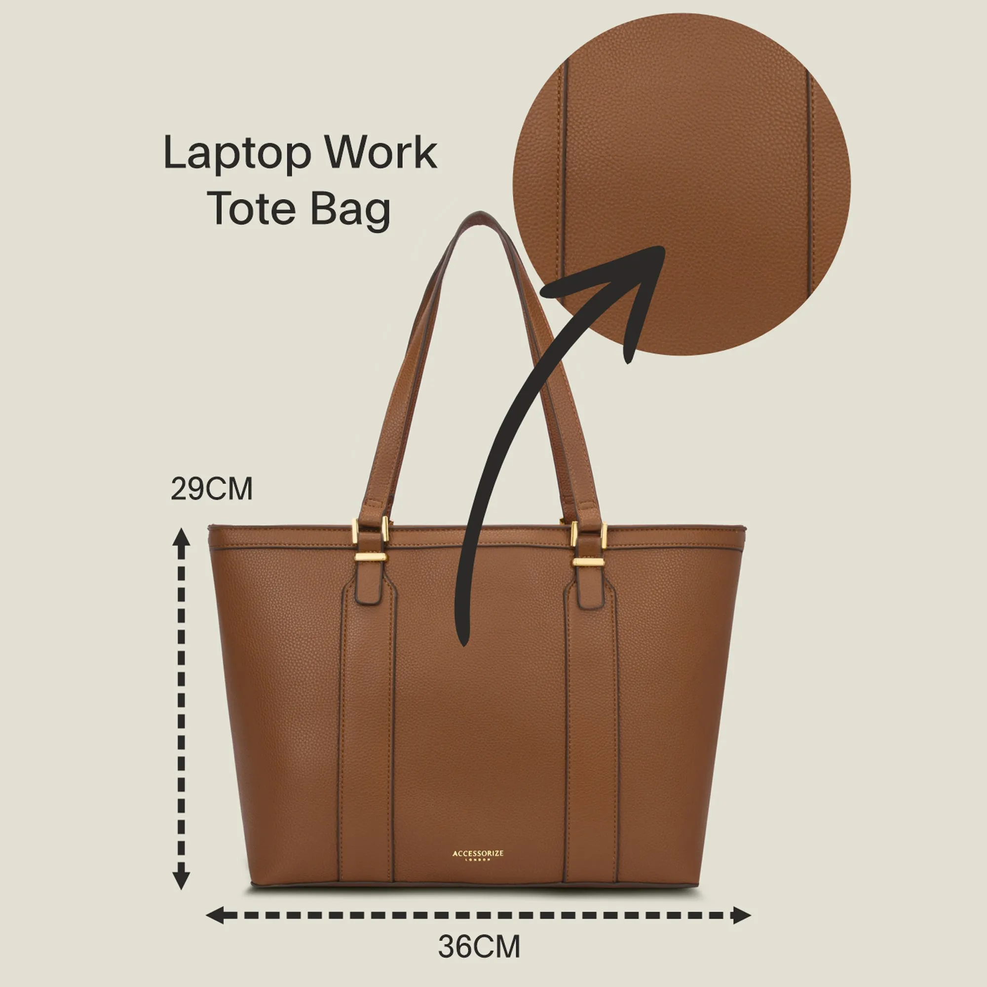 Accessorize London Women's Faux Leather Tan Metal Detail 13 Inch Laptop Work Tote Bag