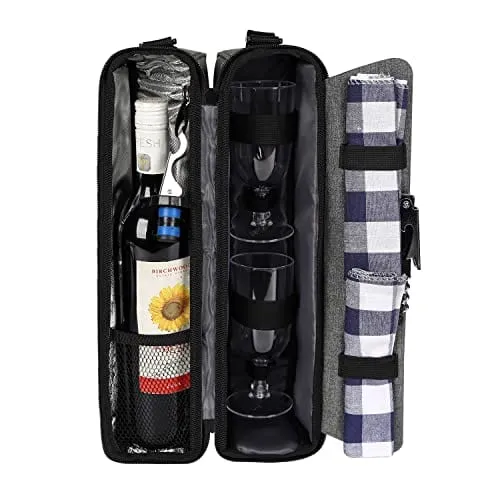 ALLCAMP Wine tote Bag with Cooler Compartment，Picnic Set Carrying Two sets of tableware（Gray）