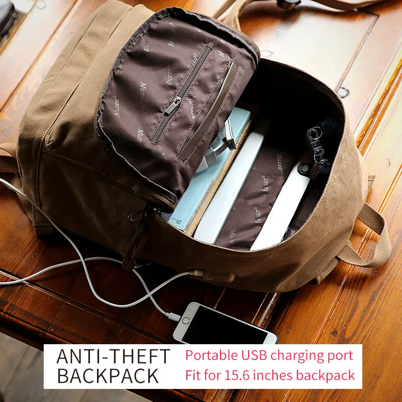 Anti-theft Canvas Backpack With USB Charging For Teens/Travel - Blue Black/Khaki/Gray