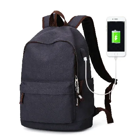 Anti-theft Canvas Backpack With USB Charging For Teens/Travel - Blue Black/Khaki/Gray