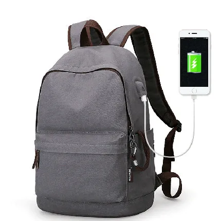 Anti-theft Canvas Backpack With USB Charging For Teens/Travel - Blue Black/Khaki/Gray