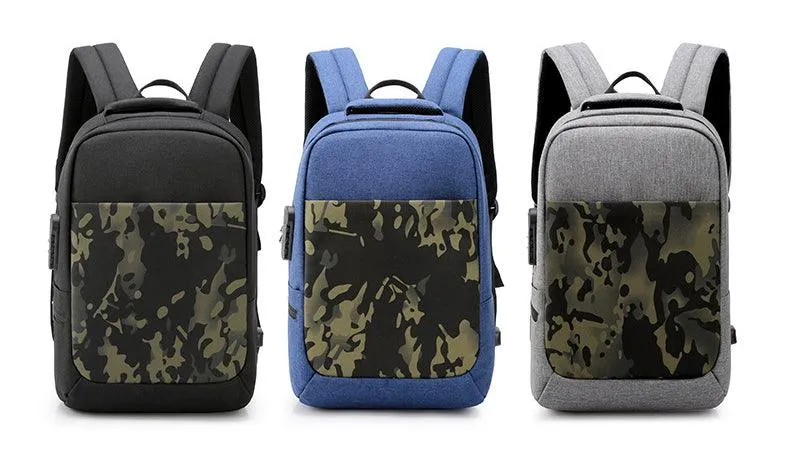 Anti Theft WaterProof Smart Camouflage BackPack with USB Port-Black