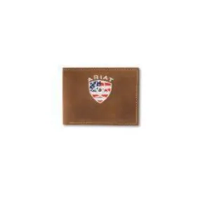 Ariat Brown Bifold Wallet with Embroidered American Flag in Ariat Shield