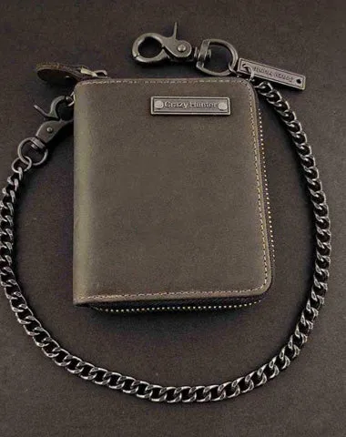 BADASS DARK BROWN LEATHER MENSc Zipper WALLET WITH CHAIN FOR MEN