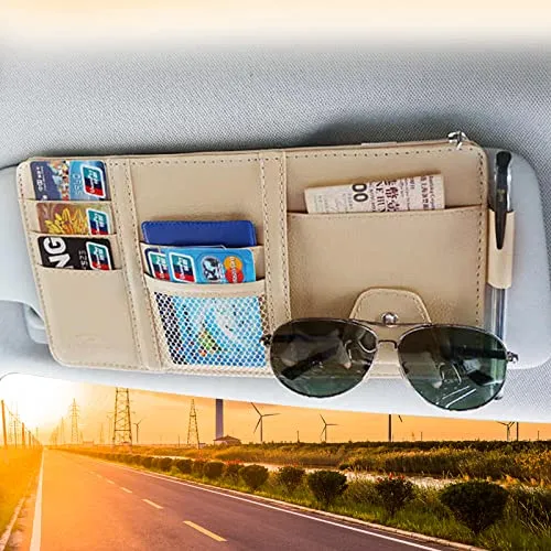 Beige Car Sun Visor Organizer, Sunglasses Holders for Car Sun Visor PU Auto Interior Accessories Storage Travel Document Holder with Multi Pocket