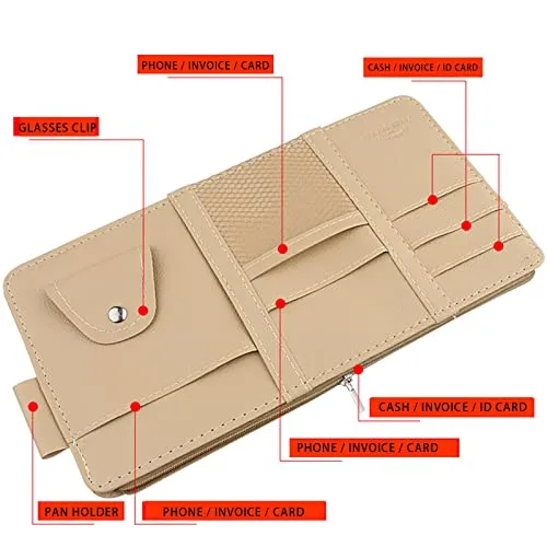 Beige Car Sun Visor Organizer, Sunglasses Holders for Car Sun Visor PU Auto Interior Accessories Storage Travel Document Holder with Multi Pocket