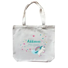 Blue Unicorn with Colourful Love and Start Elements Personalizable with Name and Text Canvas Bag