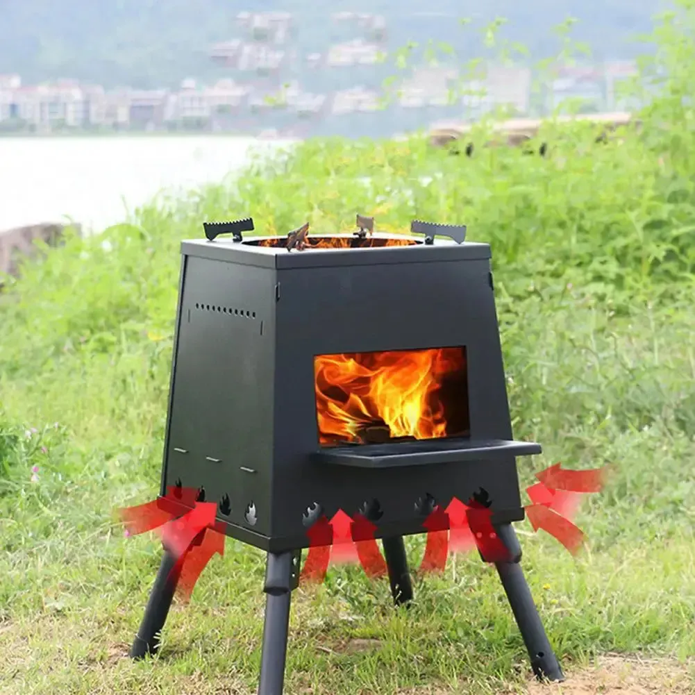 Camping Stove Portable Foldable Wood Burning Stove Stainless Steel BBQ Grill Picnic Heating Cooking Grill for Camping Survival