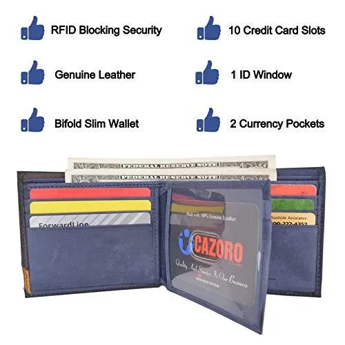 Cazoro Front Pocket Wallet for Men RFID Blocking Leather Bifold ID Window Navy Blue Wallet RFID611300