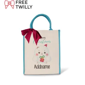 Christmas Cute Animal Series Merry Christmas Rabbit Blue Colour Lining Canvas Bag