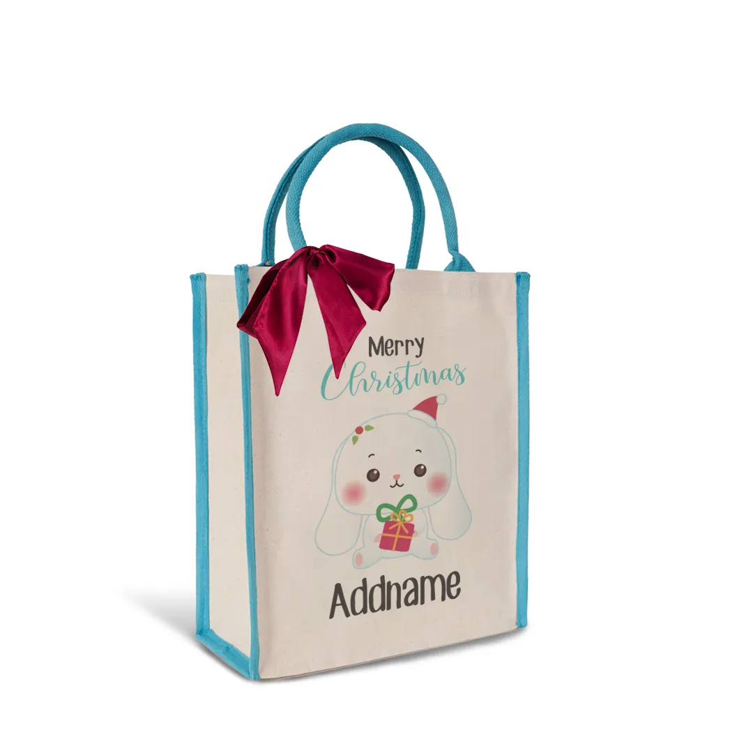 Christmas Cute Animal Series Merry Christmas Rabbit Blue Colour Lining Canvas Bag