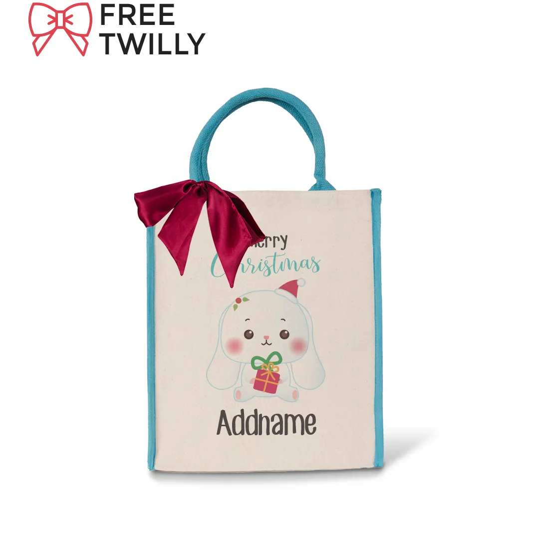 Christmas Cute Animal Series Merry Christmas Rabbit Blue Colour Lining Canvas Bag