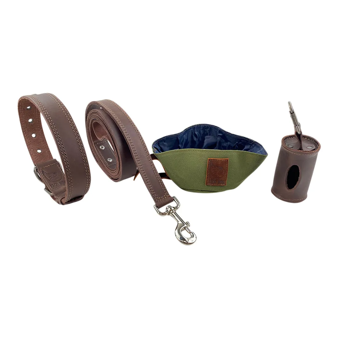 Collar, Leash, Bowl and Poop Bag Carrier