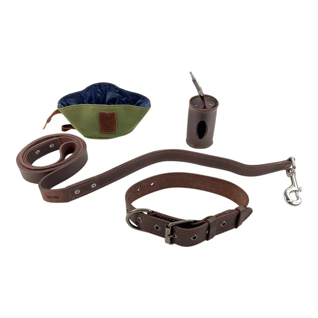 Collar, Leash, Bowl and Poop Bag Carrier