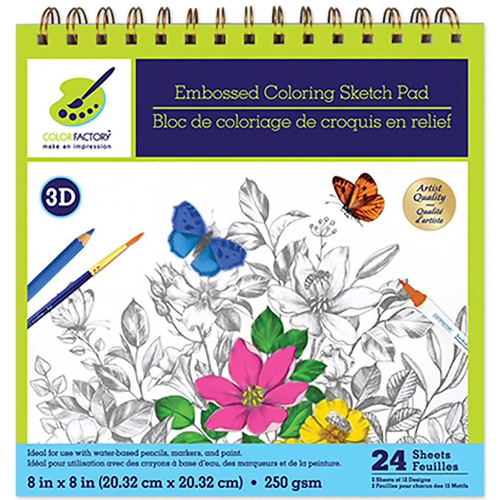 Color Factory: 3D Embossed Coloring Sketch Pad -Floral Frolic, 8in x 8in 250gsm, 24Sht