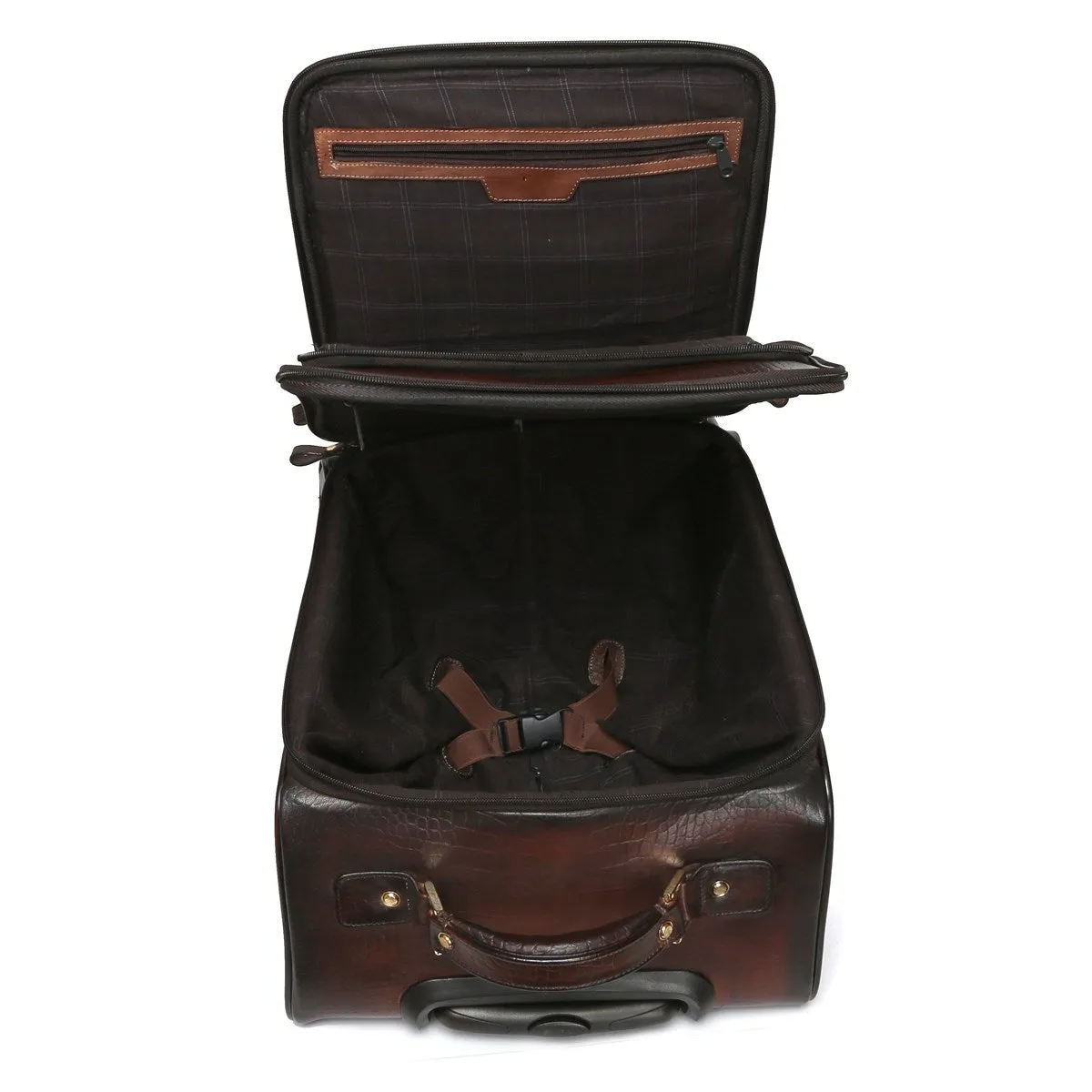 Croco Dark Brown Quad Wheel Cabin Luggage Leather Bag By Brune & bareskin