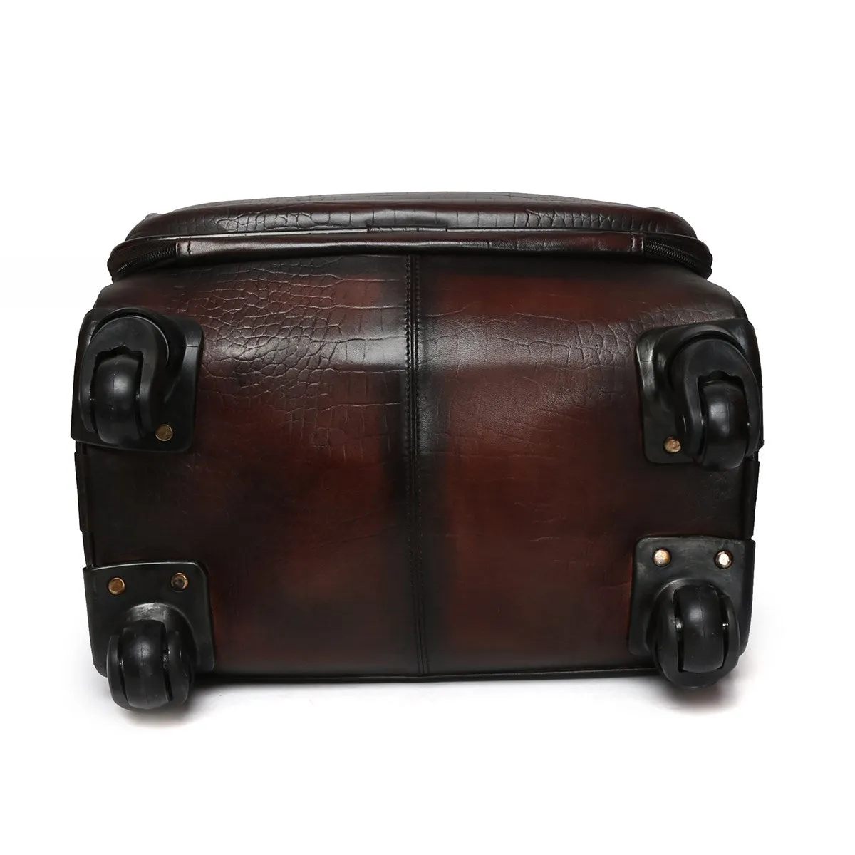 Croco Dark Brown Quad Wheel Cabin Luggage Leather Bag By Brune & bareskin