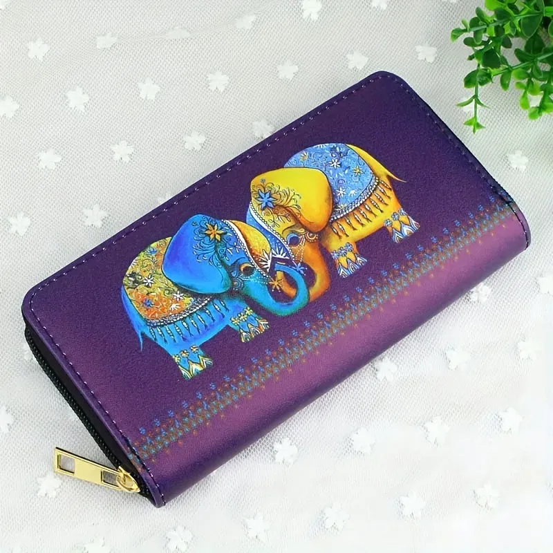 Durable Long Wallet With Cute Elephant Pattern, Ethnic Style PU Material Zip-Around Clutch With Multiple Card Slots & Coin Pouch