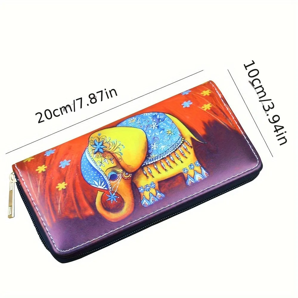 Durable Long Wallet With Cute Elephant Pattern, Ethnic Style PU Material Zip-Around Clutch With Multiple Card Slots & Coin Pouch