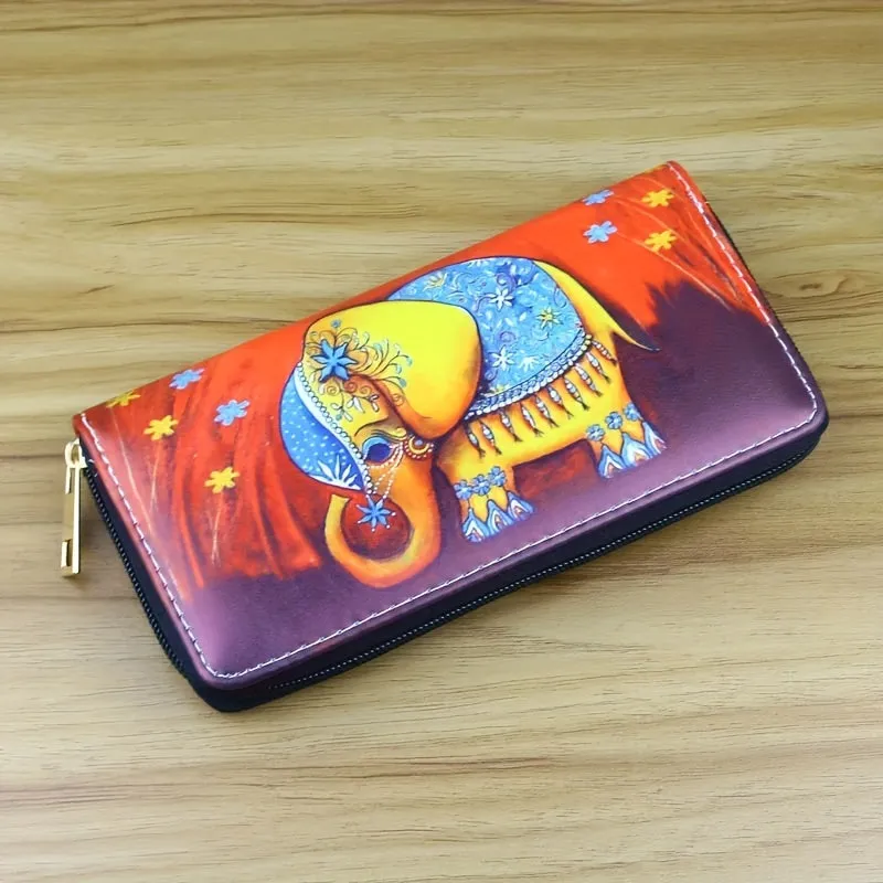 Durable Long Wallet With Cute Elephant Pattern, Ethnic Style PU Material Zip-Around Clutch With Multiple Card Slots & Coin Pouch