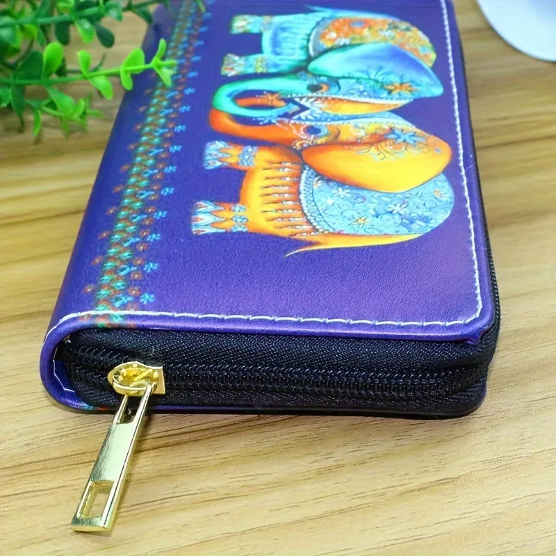 Durable Long Wallet With Cute Elephant Pattern, Ethnic Style PU Material Zip-Around Clutch With Multiple Card Slots & Coin Pouch