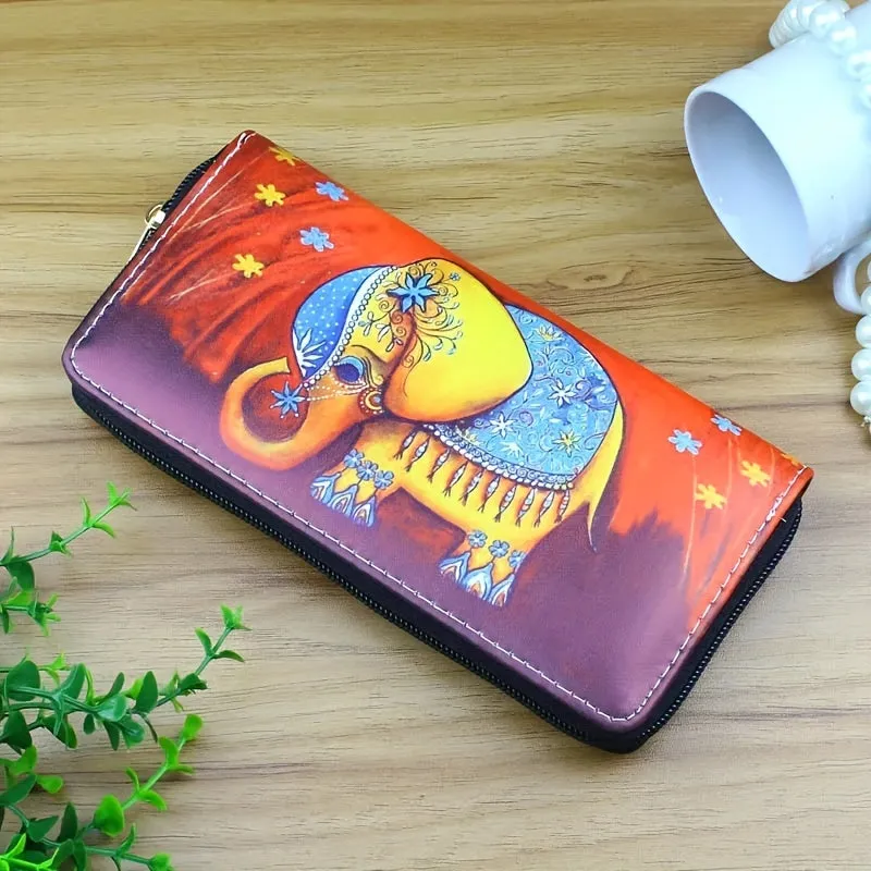 Durable Long Wallet With Cute Elephant Pattern, Ethnic Style PU Material Zip-Around Clutch With Multiple Card Slots & Coin Pouch