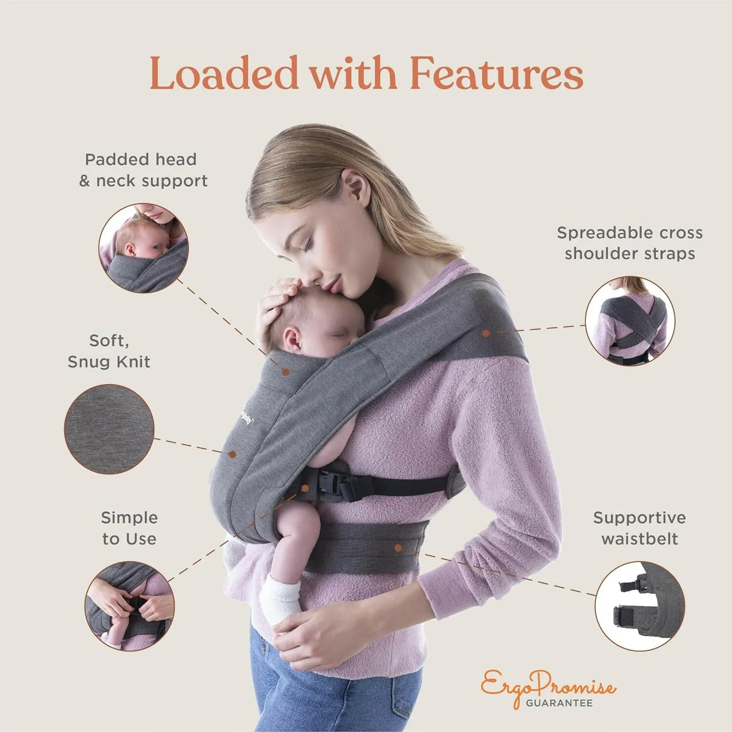 Ergobaby Embrace Cozy Newborn Baby Wrap Carrier (7-25 Pounds), Ponte Knit, Heather Grey