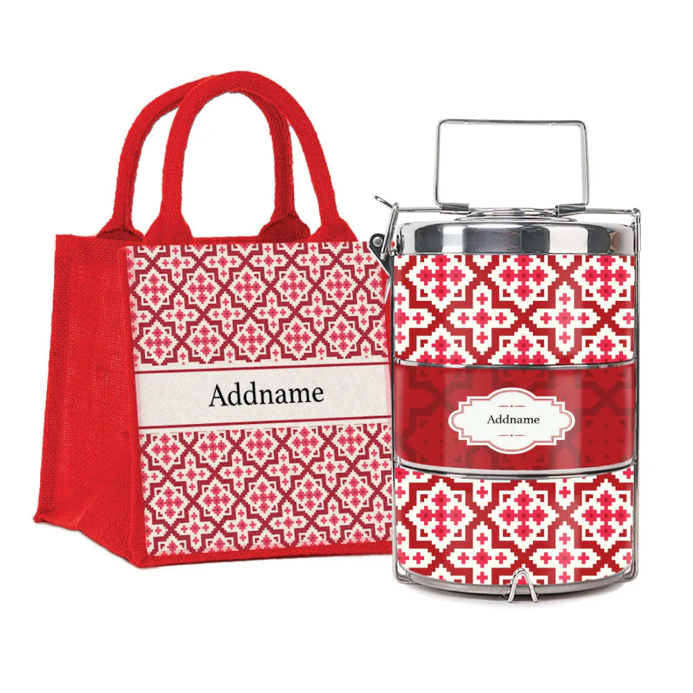 Flora Motif Moroccan & Mosaic Series 3-Tier Premium Small 11.5cm Tiffin Carrier [FREE Custom Add Name]