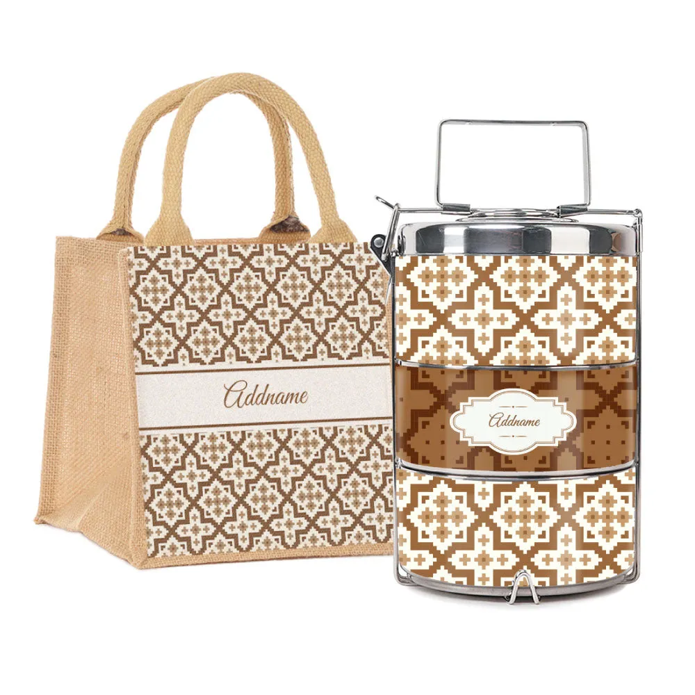 Flora Motif Moroccan & Mosaic Series 3-Tier Premium Small 11.5cm Tiffin Carrier [FREE Custom Add Name]