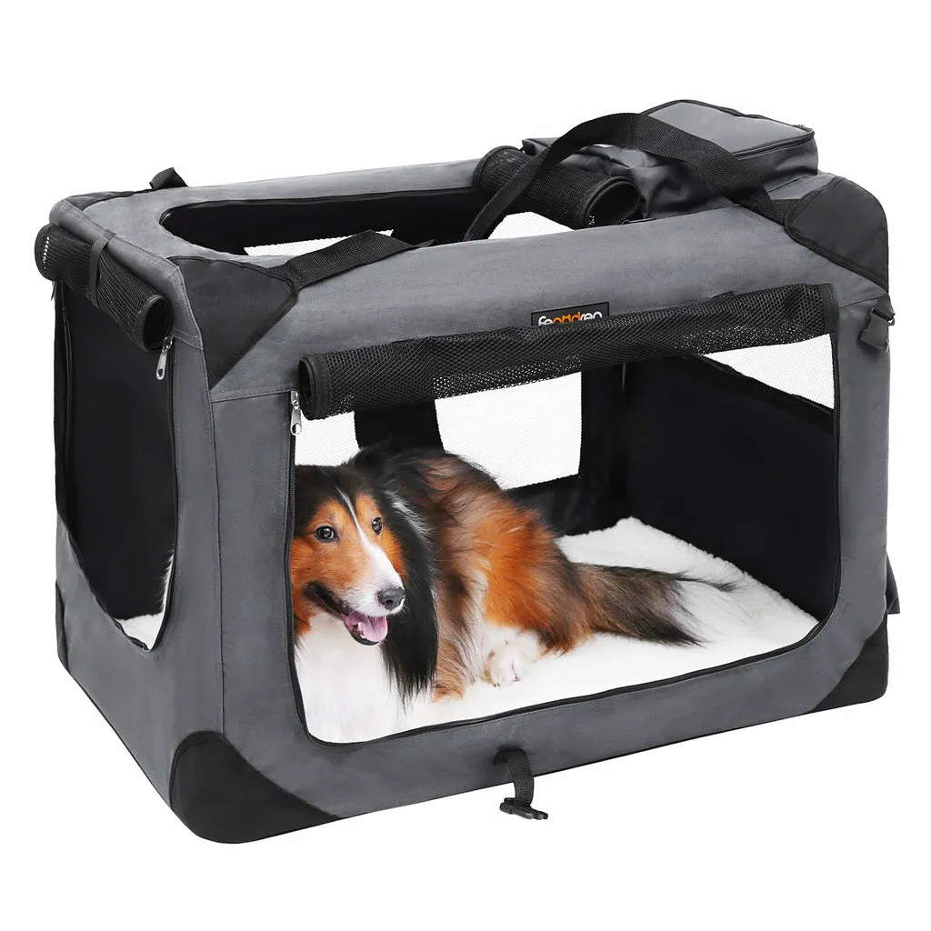 Folding Grey Dog Carrier, Mesh Windows, Comfort Mat - FEANDREA