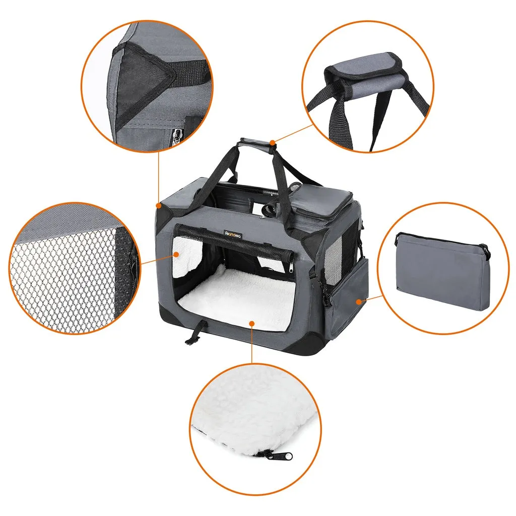 Folding Grey Dog Carrier, Mesh Windows, Comfort Mat - FEANDREA