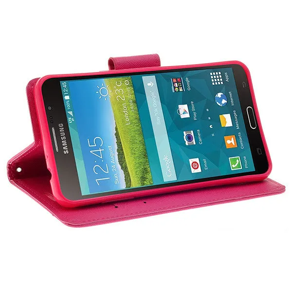 Galaxy Mega 2 Case, Wrist Strap Magnetic Fold[Kickstand] Pu Leather Wallet Case with ID & Credit Card Slots for Samsung Galaxy Mega 2 - Hot Pink