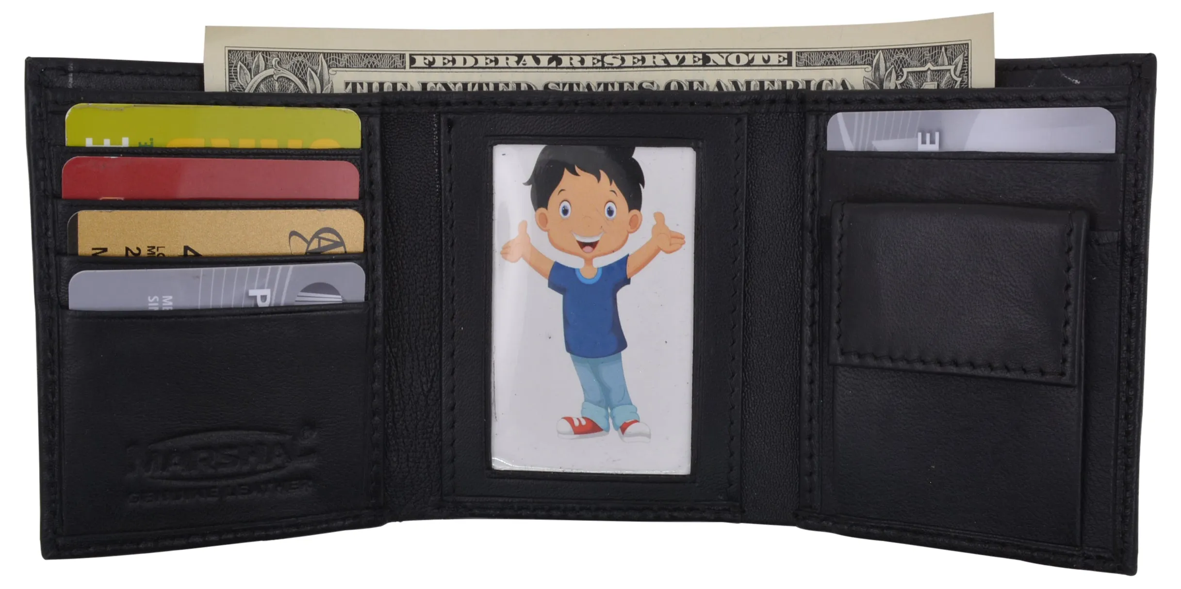 Genuine Leather Kids Slim Compact ID and Coin Pocket Trifold Boys Black Wallet K700