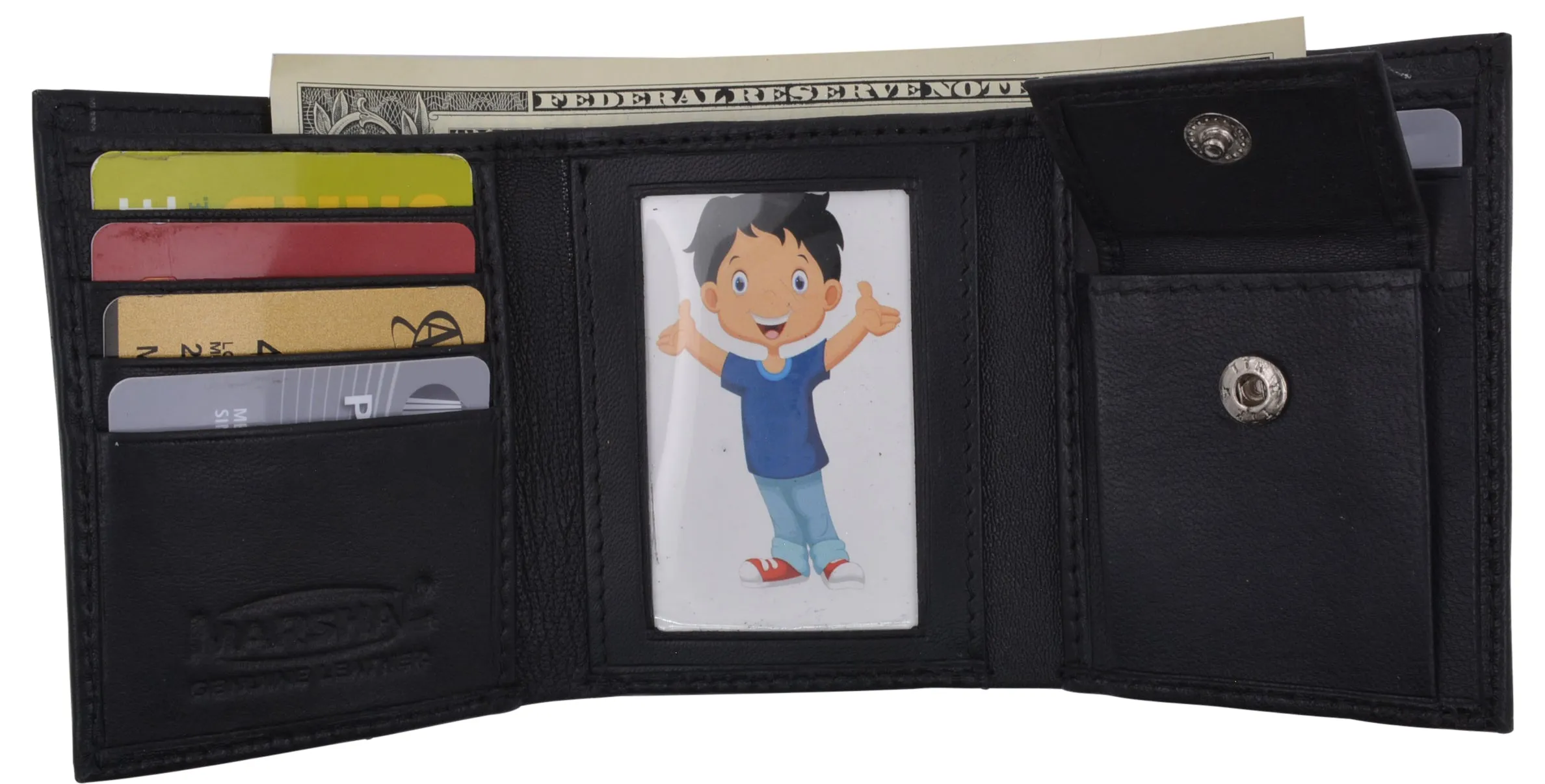 Genuine Leather Kids Slim Compact ID and Coin Pocket Trifold Boys Black Wallet K700