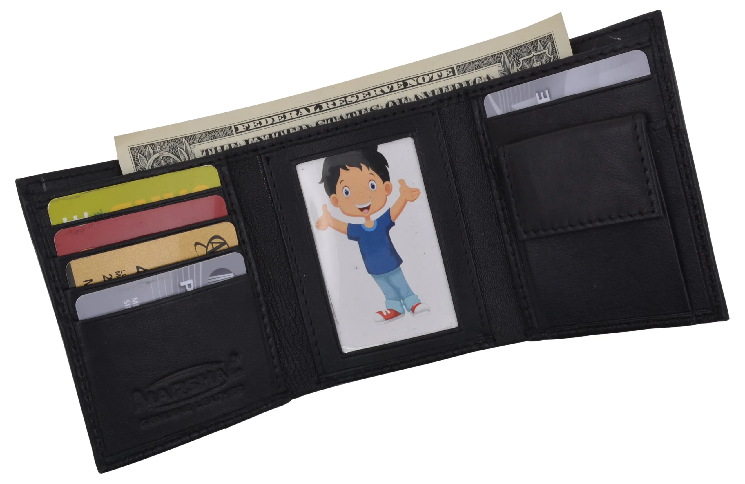 Genuine Leather Kids Slim Compact ID and Coin Pocket Trifold Boys Black Wallet K700