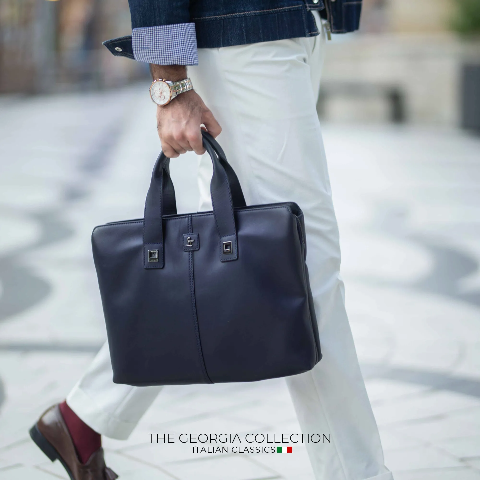 Georgia Collection | Genuine Leather Laptop / Folio Bag For Men |  Office Bag | Color: Navy Blue