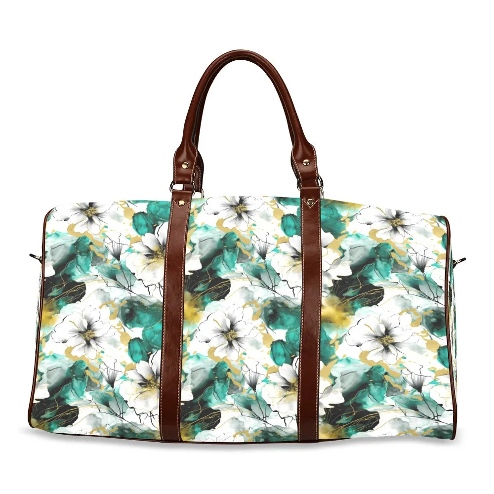 Green and White Ink Floral Waterproof Travel Bag/Small (Model 1639)