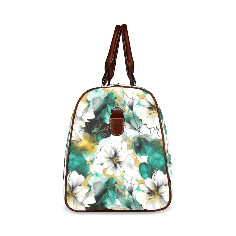 Green and White Ink Floral Waterproof Travel Bag/Small (Model 1639)