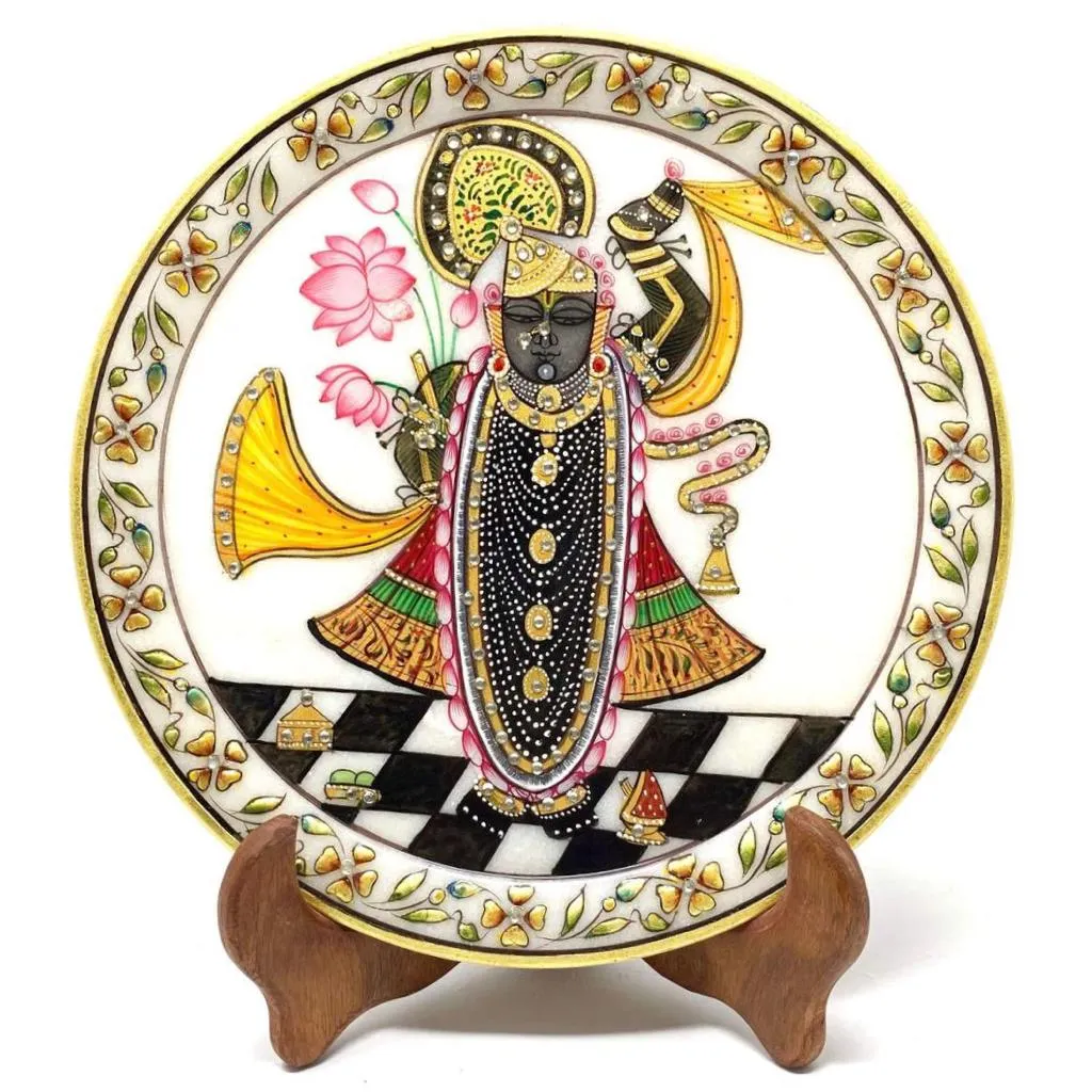 Handcrafted Gold Leaf Marble Round Plate - Decorative - Lord Shrinathji