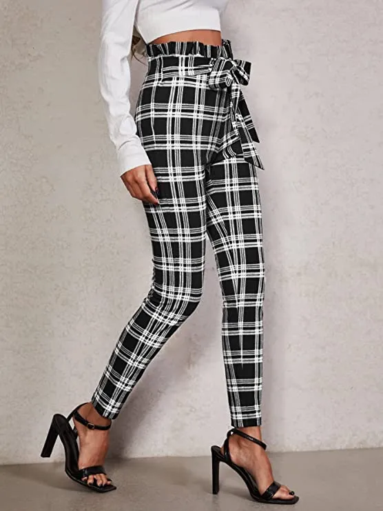 High Waist Ruffled Belted Black Plaid Paper Bag Pants