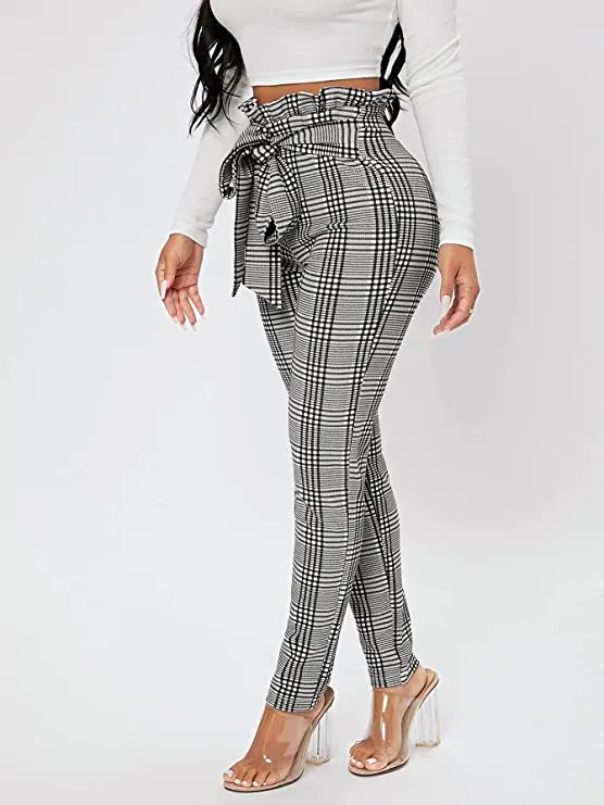 High Waist Ruffled Belted Black Plaid Paper Bag Pants