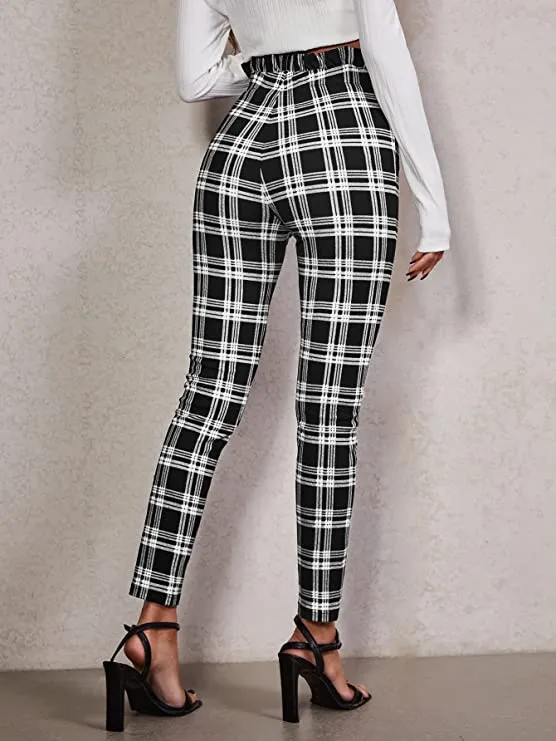 High Waist Ruffled Belted Black Plaid Paper Bag Pants