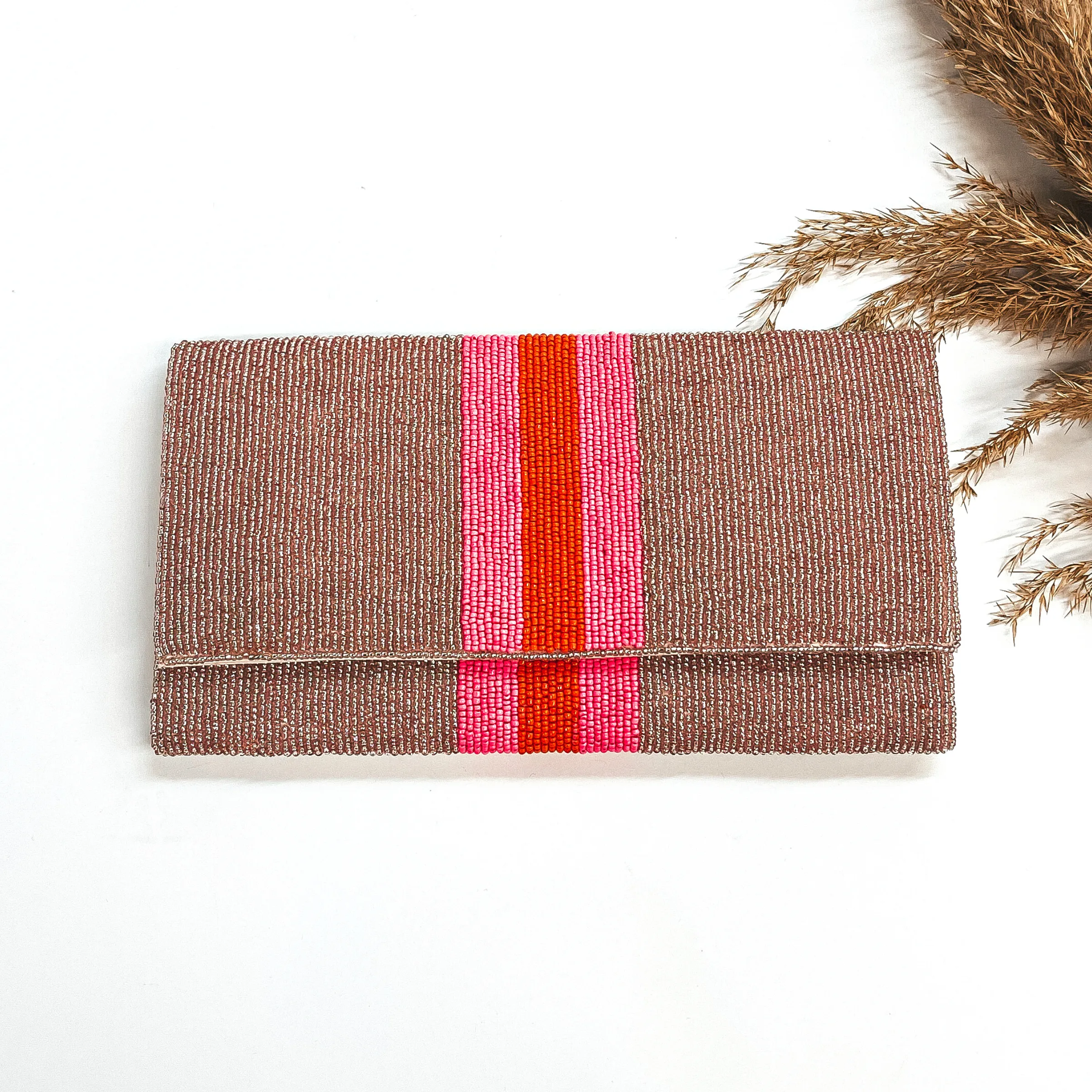 Incredible Love Seedbeaded Striped Clutch Bag in Rose Gold with Gold Tone Chain