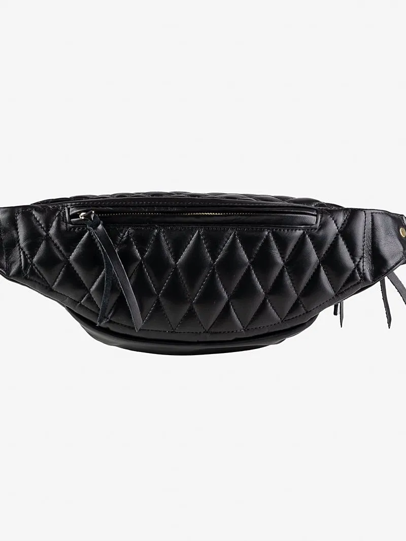 Iron Heart Denim Diamond Stitched Leather Waist Bag - Black